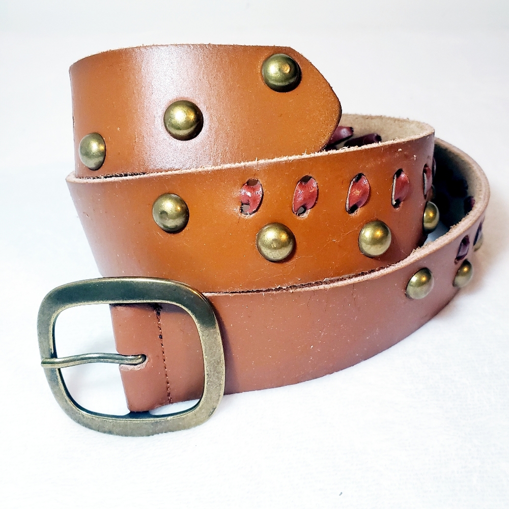 Genuine Leather Studded Woven Detailing Belt Small